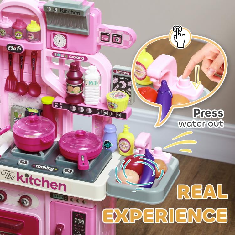 Close-up of pink play kitchen stove with utensils, pots, kettle and illustrated water feature