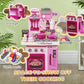 Pink kids play kitchen with storage shelf, sink area and oven window under countertop
