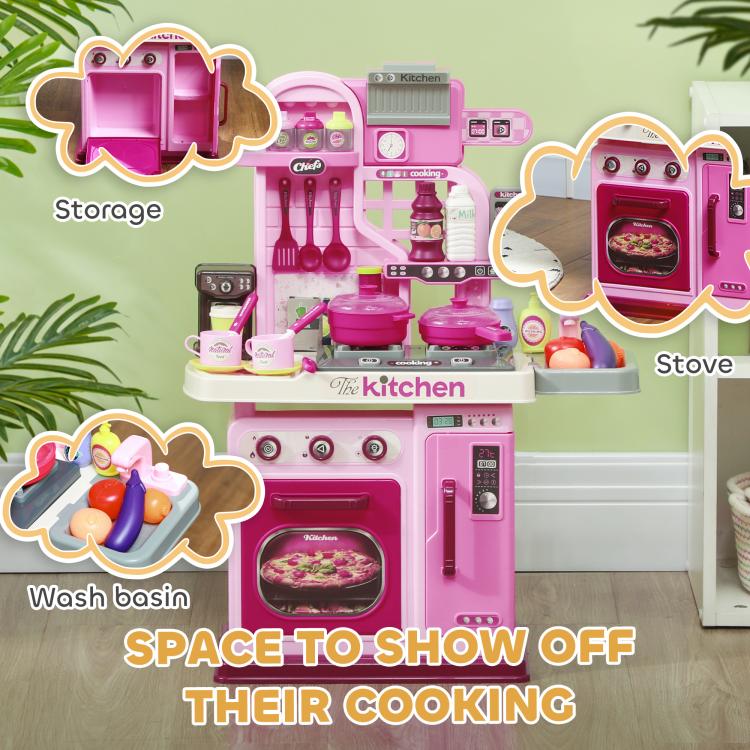 Pink kids play kitchen with storage shelf, sink area and oven window under countertop