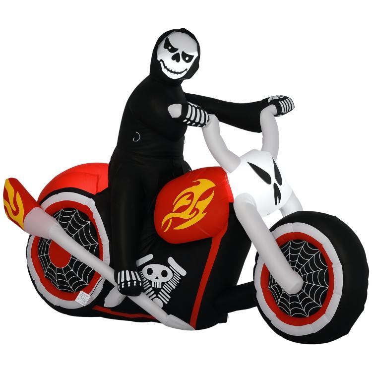 Inflatable grim ghost biker yard decoration with black hood, skull face, and red flame seat