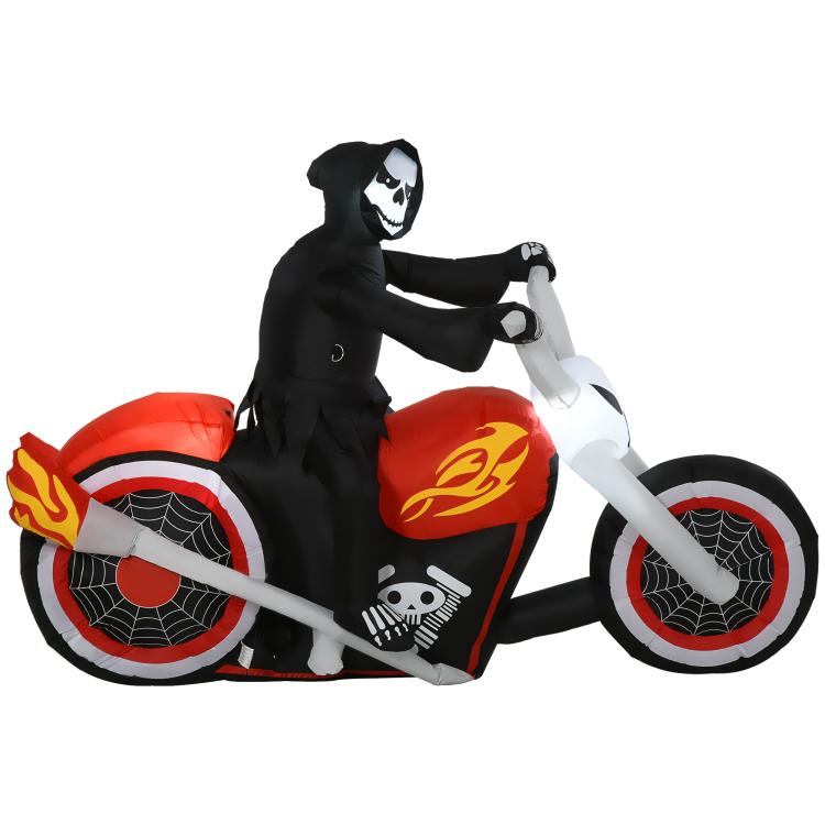 Inflatable grim ghost biker with white skeleton hands and skull details on black biker suit