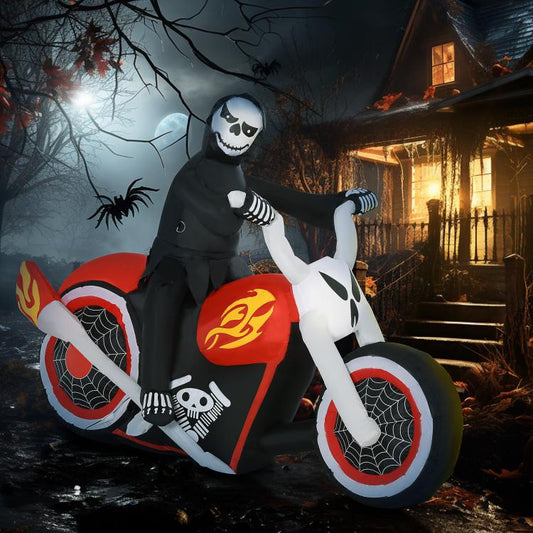 Inflatable skeleton biker decoration with black hood, red flame emblem, and webbed wheels