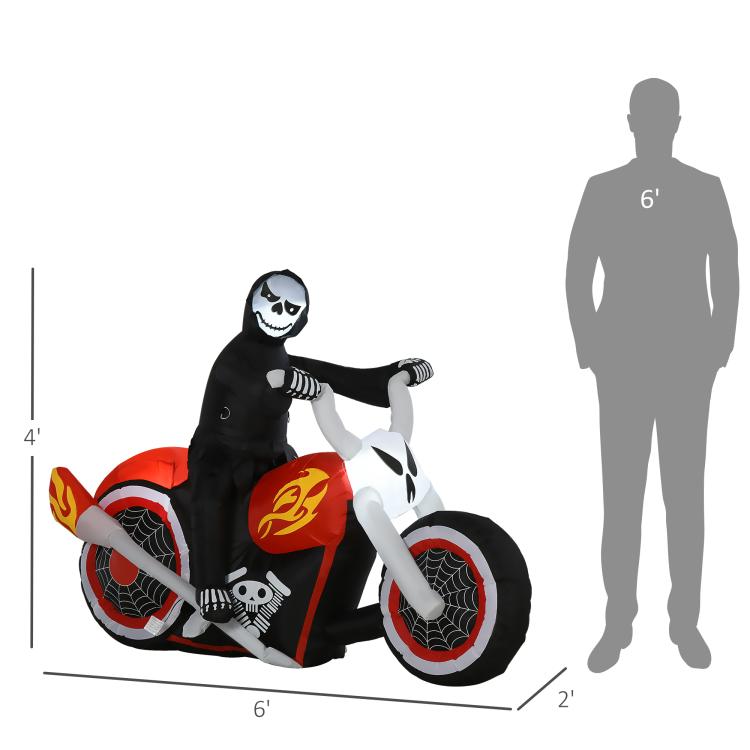 Inflatable grim ghost biker yard decoration shown with human silhouette for size scale
