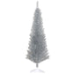 Silver unlit pencil artificial Christmas tree, full narrow silhouette with white tripod base