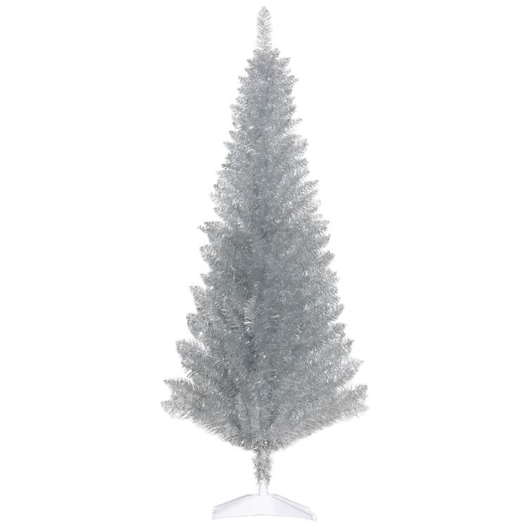 Silver unlit pencil artificial Christmas tree with narrow shape and white base