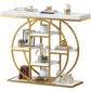 Marble-effect console table with circular gold base and tiered open shelving