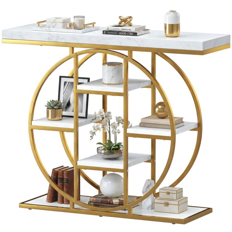 Marble-effect console table with circular gold base and tiered open shelving