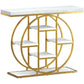 White marble-effect console table with gold metal circular frame and four open shelves