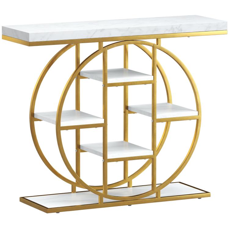 White marble-effect console table with gold metal circular frame and four open shelves
