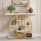 Marble-effect console table with circular gold frame and open cubby shelves