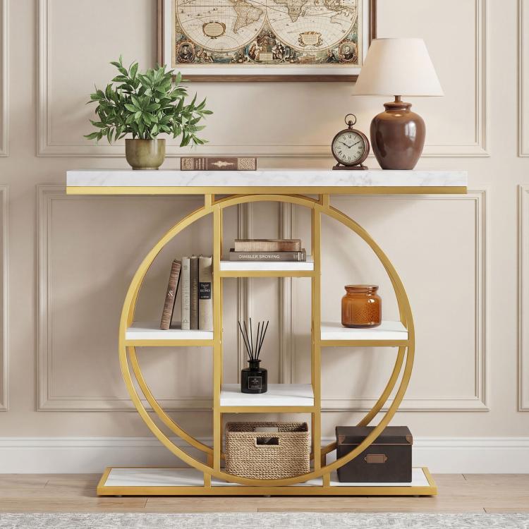 Marble-effect console table with circular gold frame and open cubby shelves