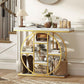 Marble-effect console table with circular gold frame and open storage compartments