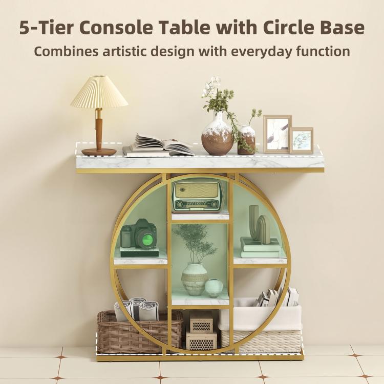 Marble-effect console table with circular gold base and open five-tier shelving