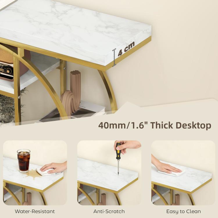 Marble-effect console tabletop on a gold frame with circular open shelving