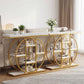 Marble-effect console table with circular gold frame and open shelves