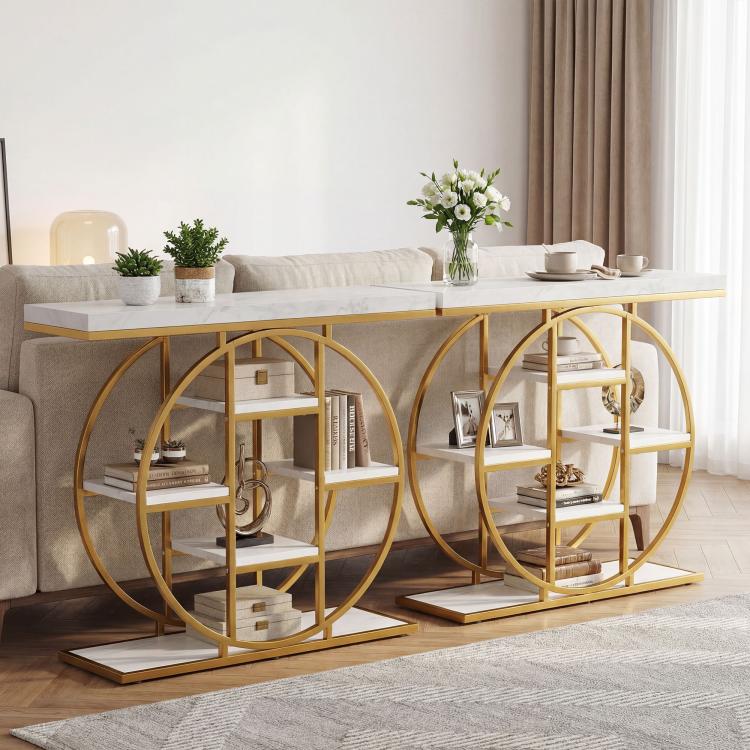 Marble-effect console table with circular gold frame and open shelves