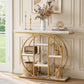Marble-effect console table with circular gold frame, open shelves, and marble top