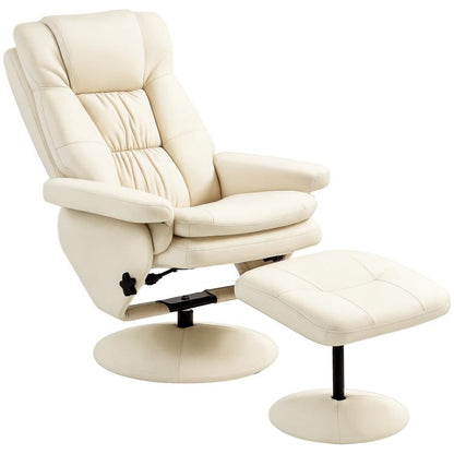Cream white PU leather swivel recliner chair with matching round ottoman and base.