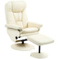 Cream white PU leather swivel recliner chair with footrest ottoman and round base.