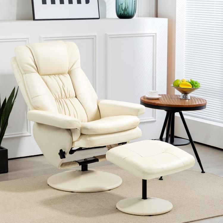 Cream white PU leather swivel recliner chair with ottoman and reclined seating position.