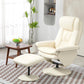 Cream white PU leather swivel recliner chair with ottoman on rounded wrapped base.