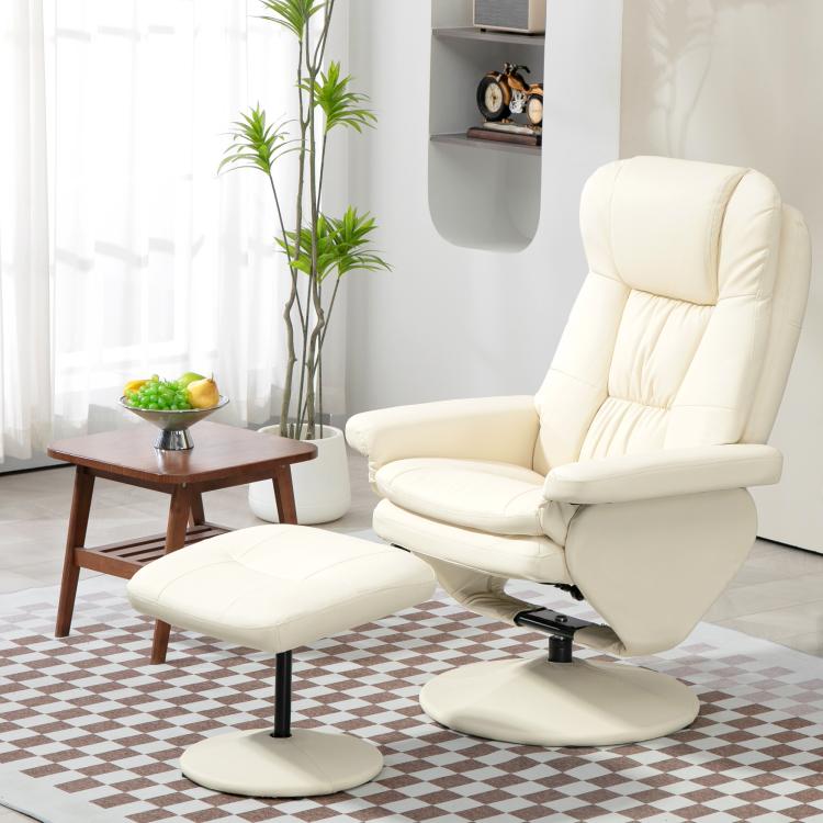 Cream white PU leather swivel recliner chair with ottoman on rounded wrapped base.