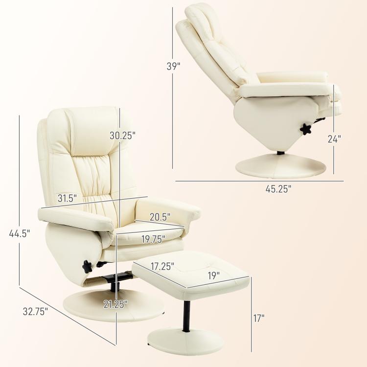 Cream white PU leather recliner chair and ottoman with round wrapped base, side view.