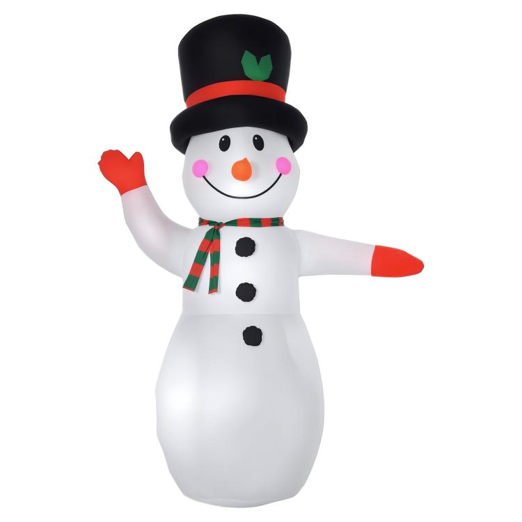 Inflatable snowman decoration with black top hat, orange nose, striped scarf, red buttons