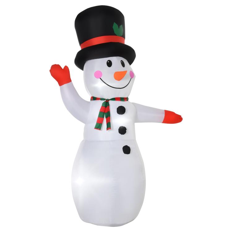 Inflatable snowman with black top hat, orange beak, red-blue arms, striped green scarf