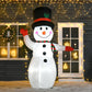 Lit inflatable snowman with black top hat, orange nose, green striped scarf, glowing yard decor