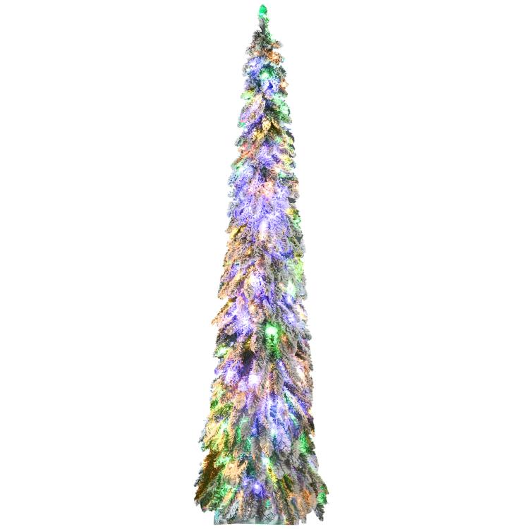 Slim artificial Christmas tree with colorful LED lights and snow-frosted branches