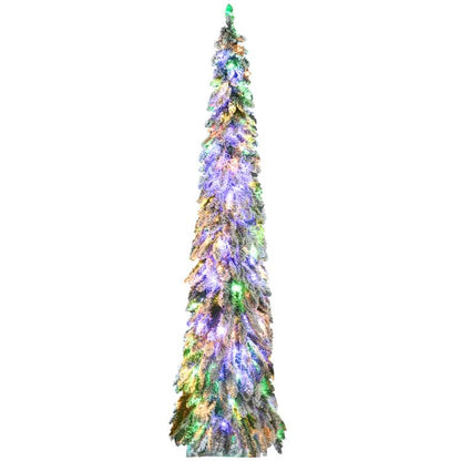Slim artificial Christmas tree with colorful LED lights and snow-frosted branches