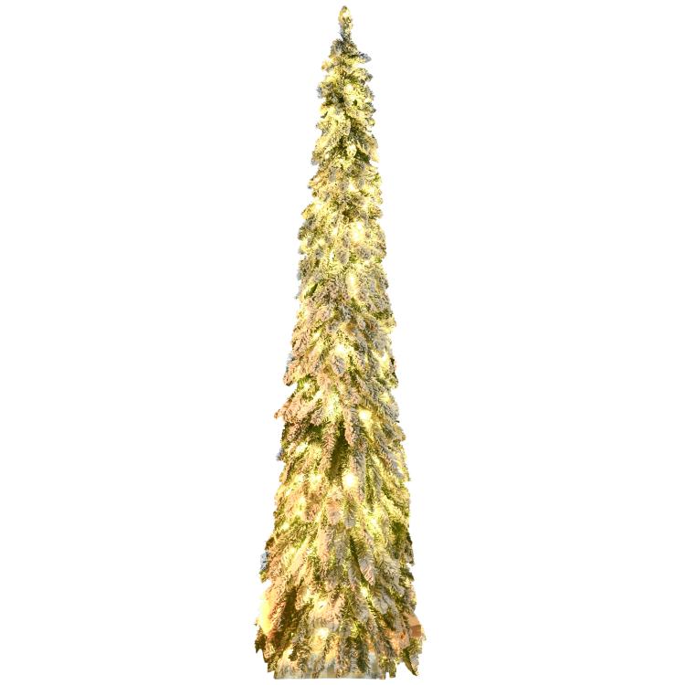 Slim artificial Christmas tree with warm white LED lights and frosted branches