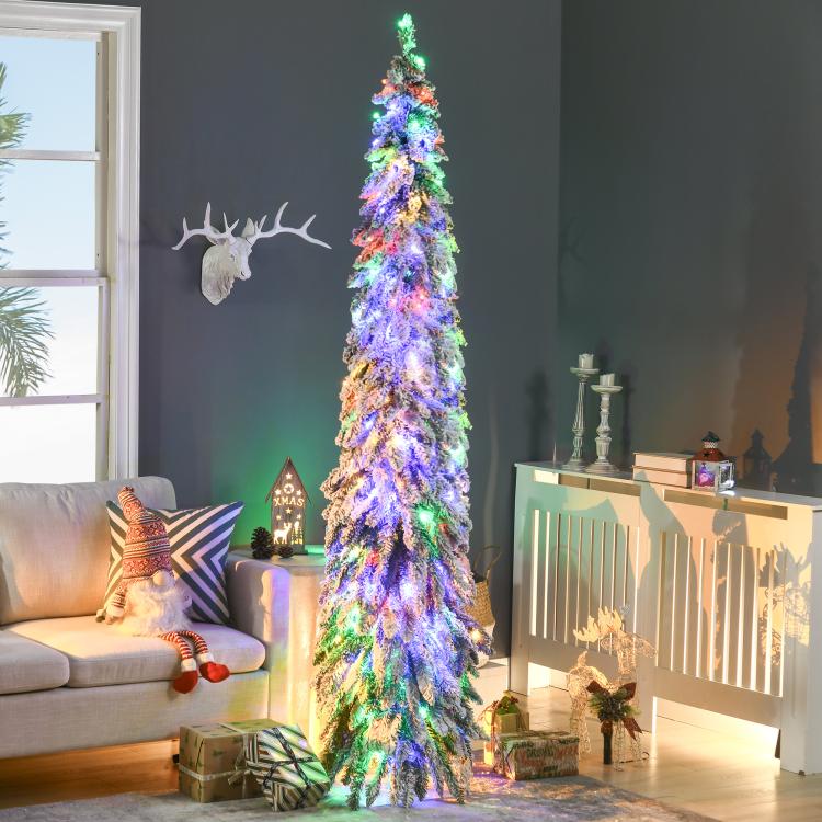 Pencil-shaped Christmas tree with multicolor LED lights, standing indoors