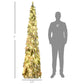 Slim artificial Christmas tree with warm white LED lights beside a person silhouette