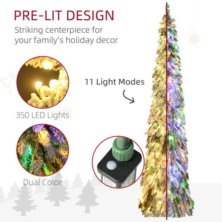 Pre-lit slim Christmas tree with multicolor LED lights and snow-frosted branches