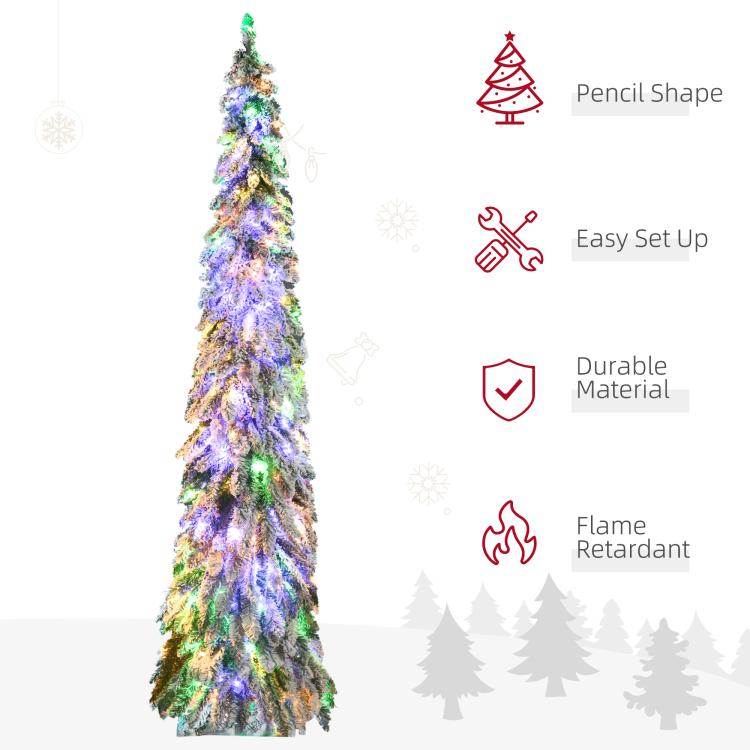 Pencil-shaped pre-lit Christmas tree with multicolor LED lights and snow tips