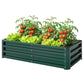 Green metal raised garden bed with slatted panels, filled with tomato plants and lettuce