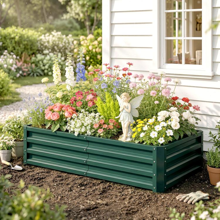 Green metal raised garden bed planter with open top, sides and front panels