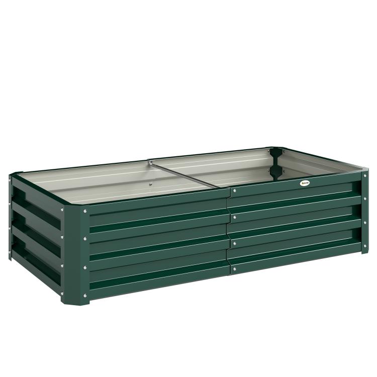 Green galvanized metal raised garden bed planter box with open top and corner posts