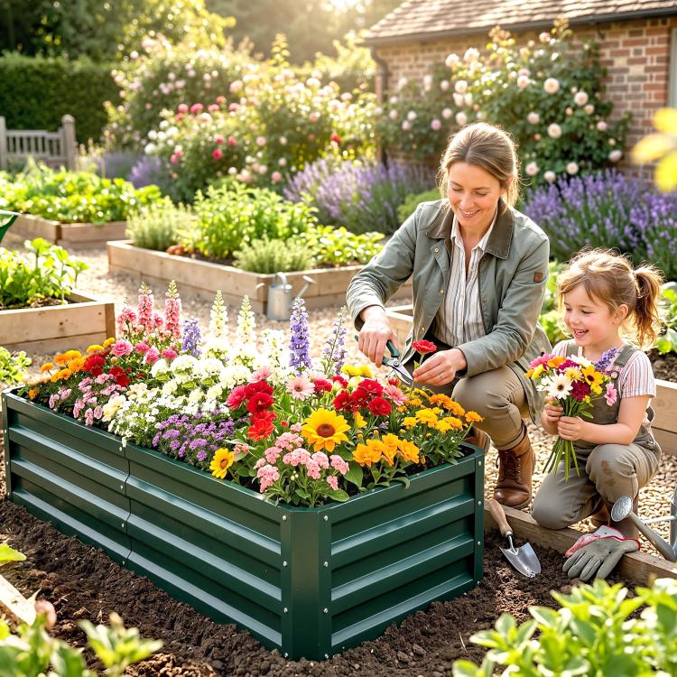 Green metal raised garden bed with slatted sides, planted with flowers beside a gardener