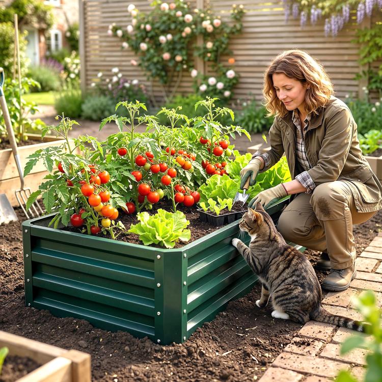 Green metal raised garden bed with slatted sides, filled with tomatoes and lettuce