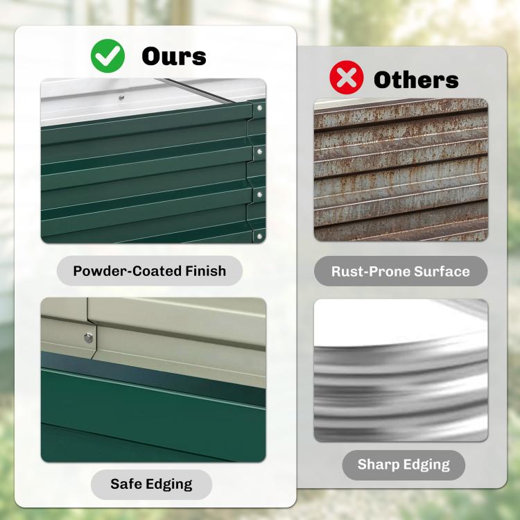 Green metal raised garden bed close-up showing smooth, panel-style side edges