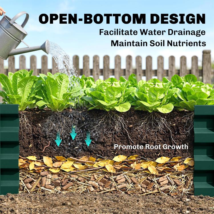 Green metal raised garden bed with open base, showing soil and mulch layers