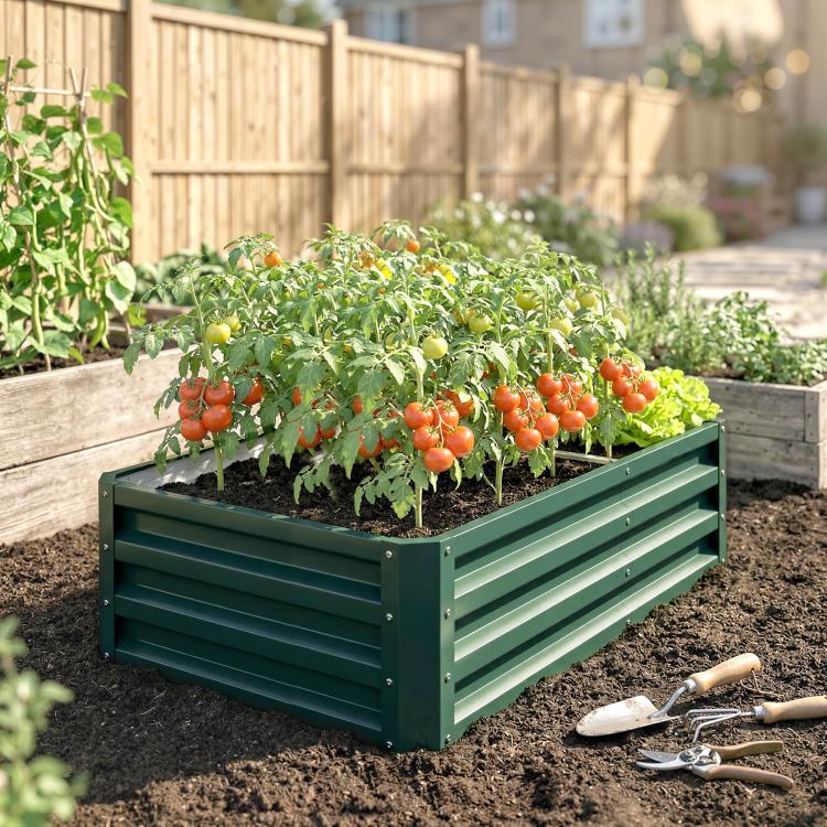 Green metal raised garden bed with slatted panels, filled with tomato vines and greens