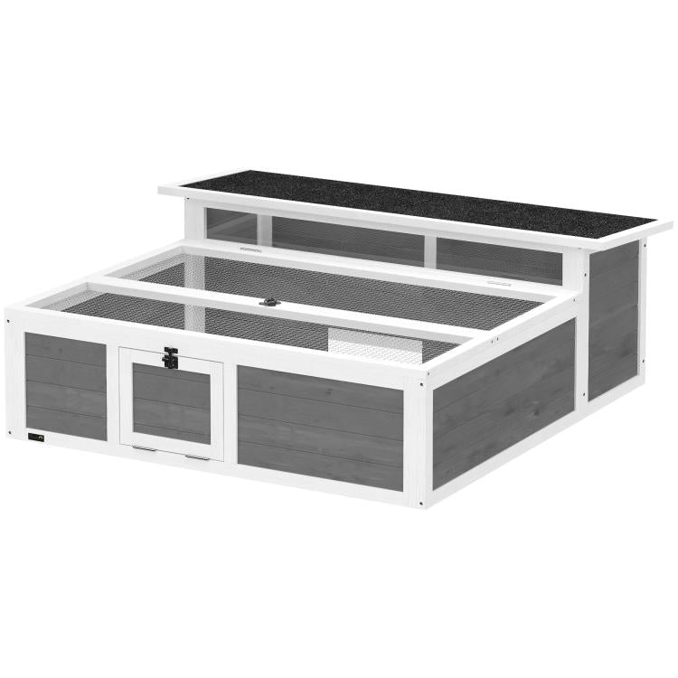Open wooden tortoise enclosure with dark gray panels, mesh floor, and clear viewing window