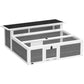Dark gray and white wooden tortoise habitat with wire mesh sides and openable top