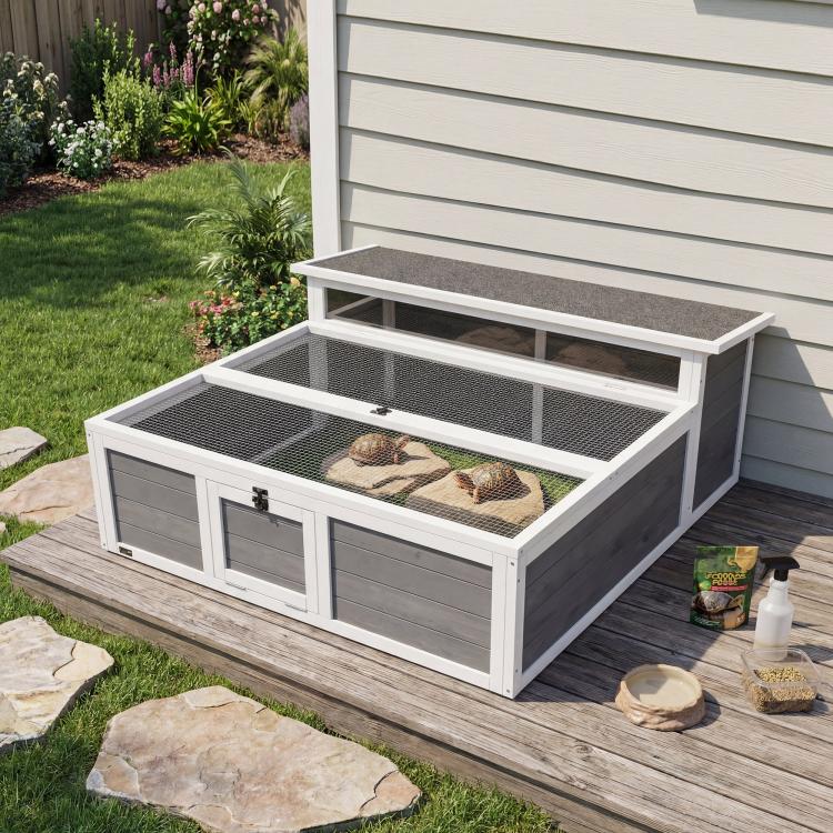 Wooden tortoise run with openable top, dark gray sides, and front mesh window panels