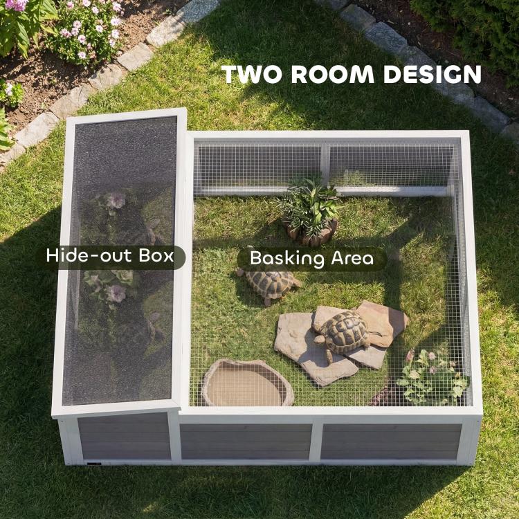 Two-section wooden tortoise enclosure with open top, dark gray base, and wire mesh walls