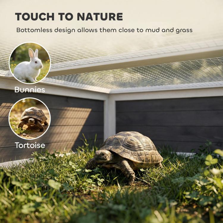 Wooden outdoor tortoise enclosure with openable top, wire mesh walls, and clear window